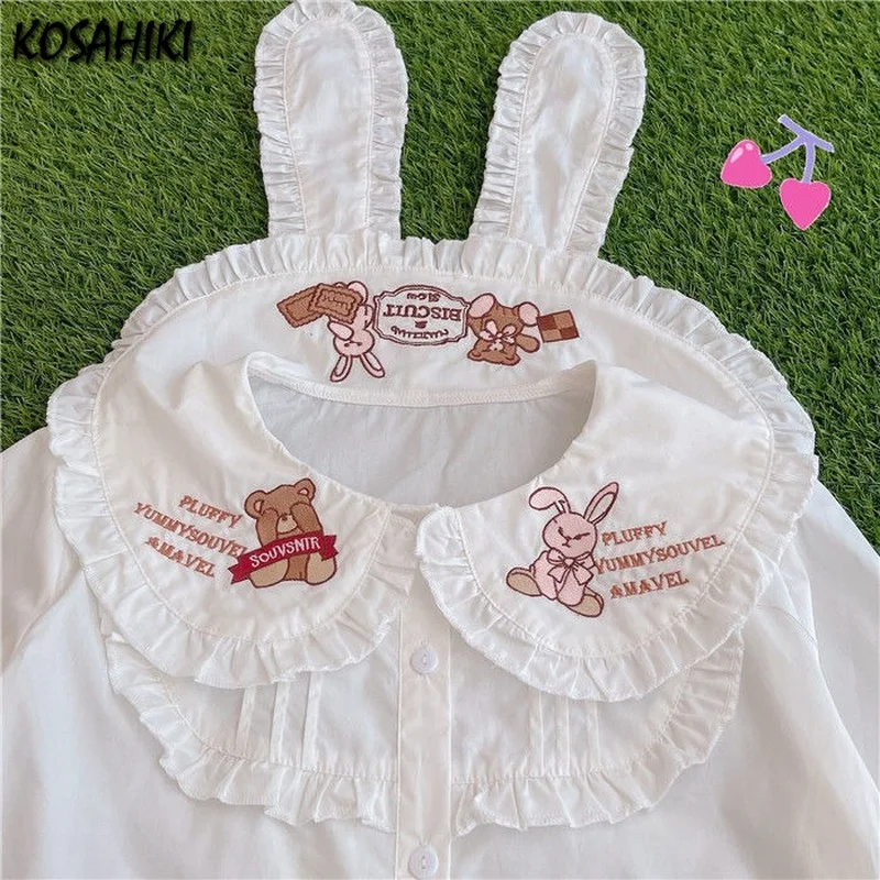 KOSAHIKI 2024 Summer Women Lolita Style Blouse Peter Pan Collar Cartoon Animal Embroidery Cute Blusas Kawaii Girl Shirt