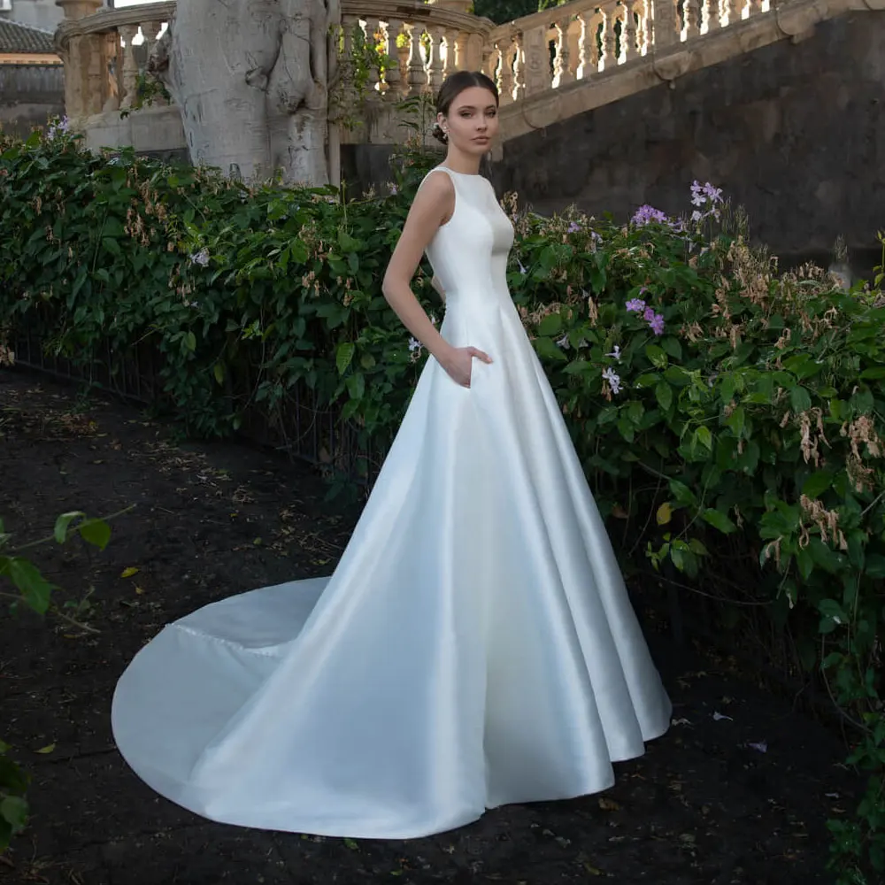 Vestido de novia largo de satén con botones, prenda de vestir con apliques de ilusión en la parte trasera, con bolsillo, color blanco, 2022