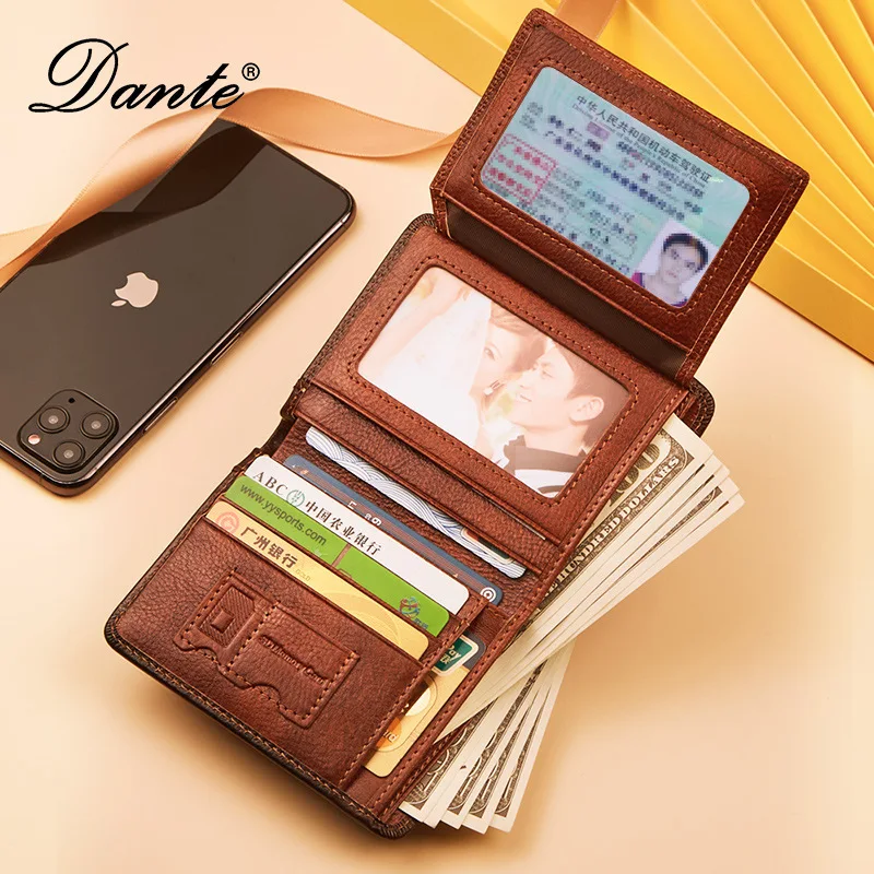 Dante Classic Retro Style Oil Wax Wallet Leather Men Wallets Short Male Purse Card Holder Wallet Men Fashion High Quality