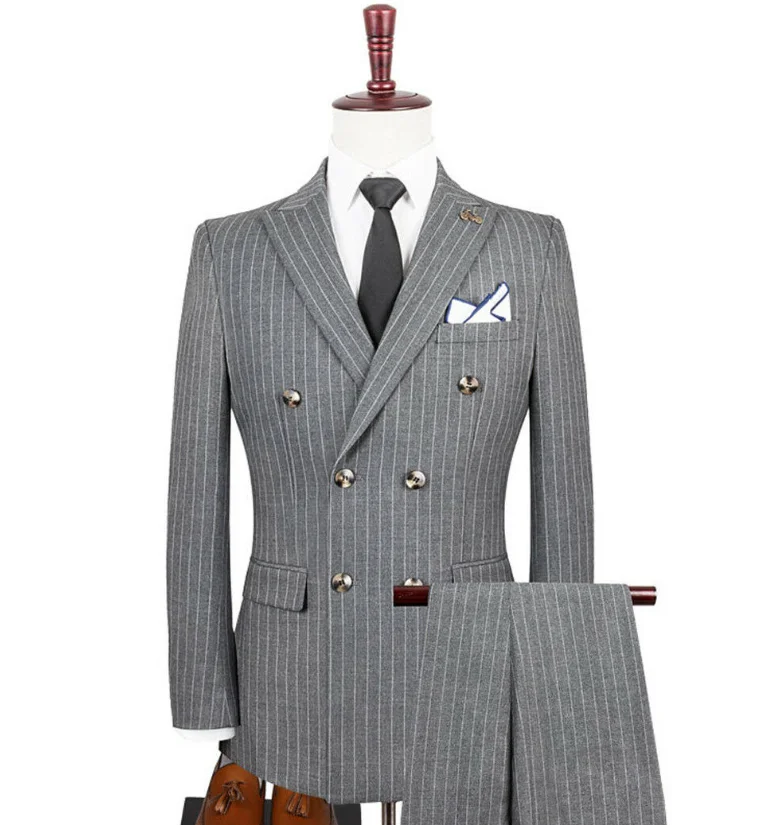 Popular Men's Double-breasted Gray Striped 3 Pieces Suits Peak Lapel Tweed Groom Dress Tuxedos