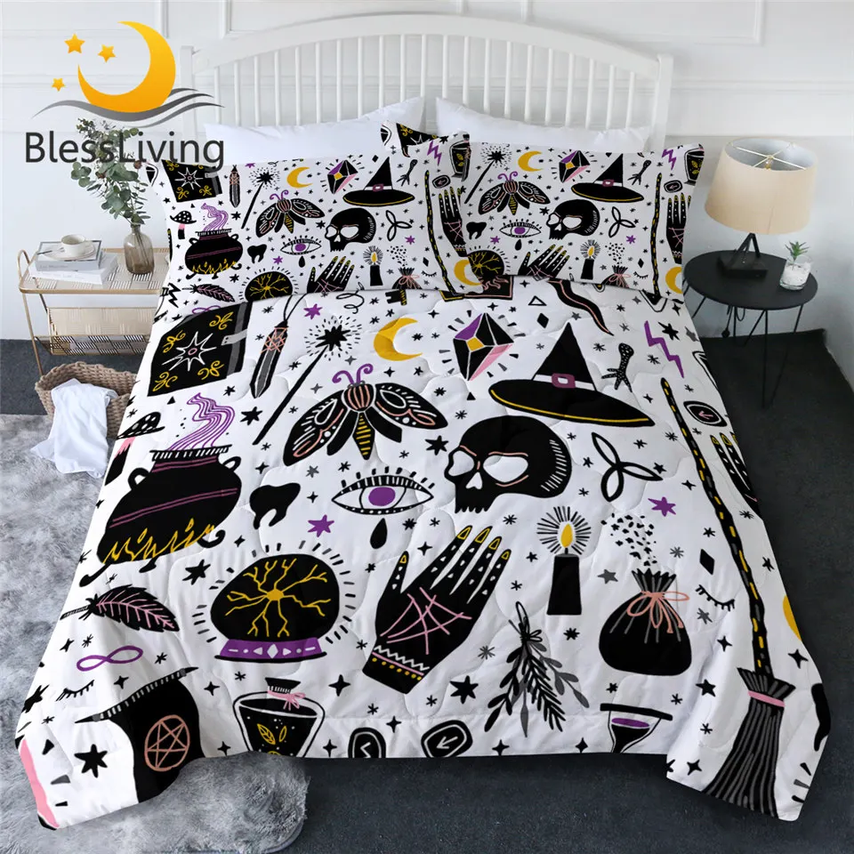 

BlessLiving Witchcraft Quilt Set Black Alchemy Comforter Astrology Blanket Throw Skull Bedspread Graffiti Housse De Couette 3pcs