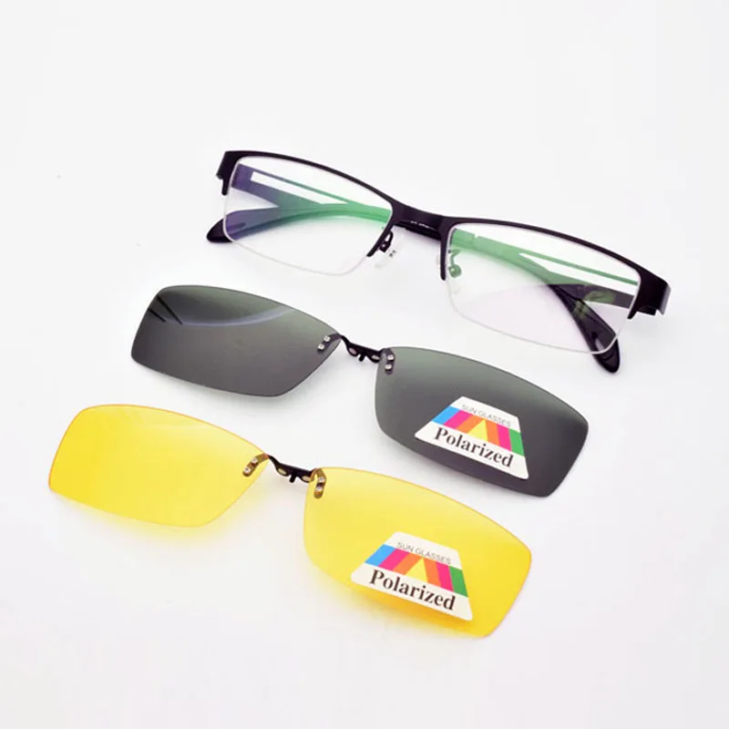 Stainless Steel Glasses Frame For Men Brown 2PCS Magnetic Sunglasses Clip UV400 Yellow Polarized Night Vision Eyeglasses