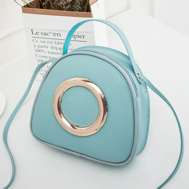 Lychee Pattern Small Circular Bags Solid Color Shoulder Bag Fashion Soft PU Leather Crossbody Bags Lady Simple Casual Handbags