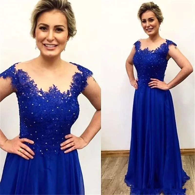 

Blue Chiffon Mother of the Bride Dresses 2019 vestido de madrinha Appliqued Lace Beaded Prom Dress Long A-Line Wedding Gowns