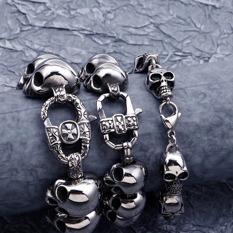 Kalen Punk Chunky Lots Of Skull Charm Bracelet for Men Polished Stainless Steel Masculine Armband Gothic Biker Jewelry Accessory
