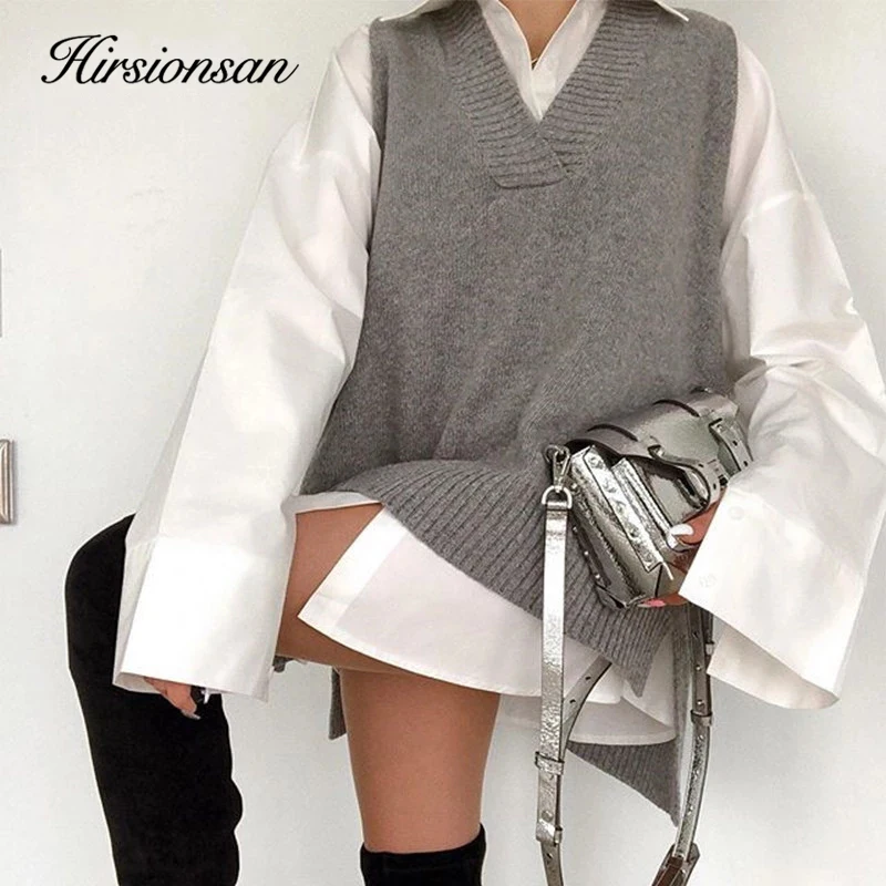 

Hirsionsan V Neck Knitted Sweater Vest Women 2023 New Korean Cashmere Loose Vest Pullovers Female Solid Sleeveless Knitwear