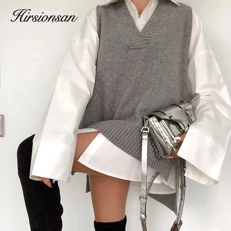 Hirsionsan V Neck Knitted Sweater Vest Women 2023 New Korean Cashmere Loose Vest Pullovers Female Solid Sleeveless Knitwear