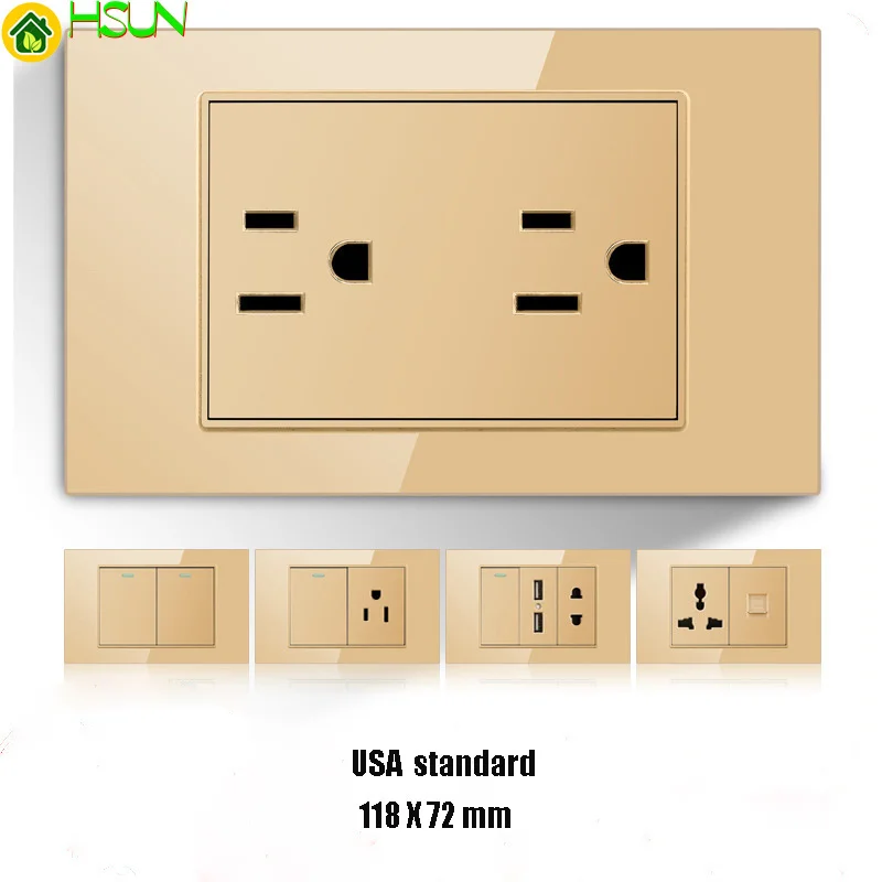 

Mexico USA Brazil Thailand Italy standard USB gold tempered glass switch socket 118 type wall socket panel dimming 16A Canada