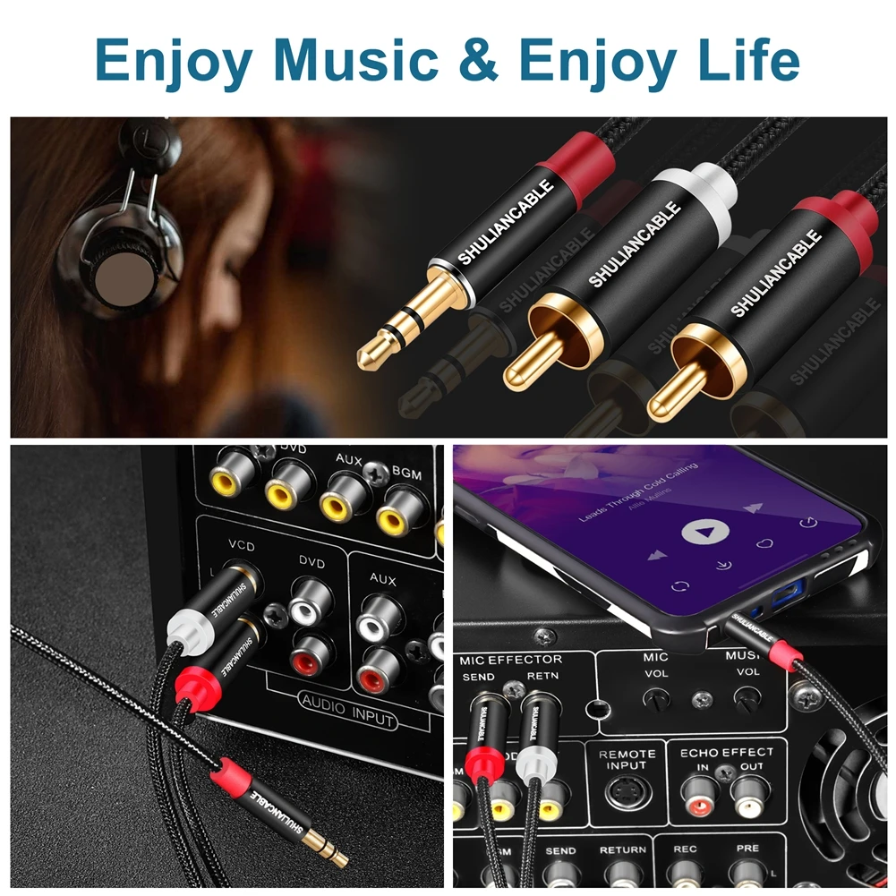 Shuliancable 3.5mm〜2rcaオーディオケーブル、オーディオ補助アダプターステレオスプリッターケーブルスマートフォン、mp3用の合成rcaスプリッター