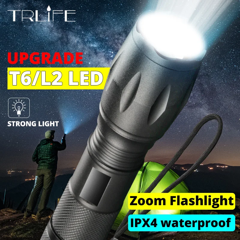 Ultra Bright Lanterns L2 Tactical LED Flashlight T6 Torch Camping Light 5 Switch Modes Zoomable Hiking Light 18650 Battery Light