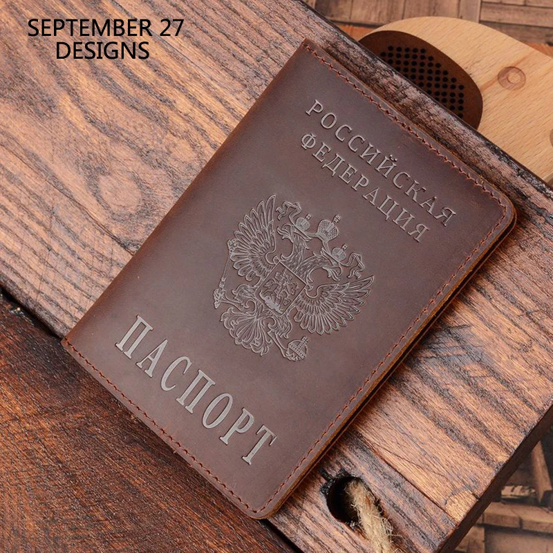 

Russian Federation Passport Case Men Crazy Horse Leather Passport Cover Women 100% Genuine Cowhide Leather Travel Passport Bag