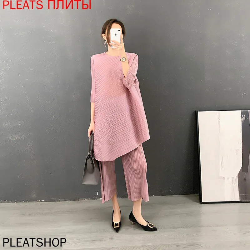 

Miyake-Two-Piece Fold Suit for Female, Temperament Shirt and Pants, Long Dress, Large Size, Irregular Dress, Early Spring, New