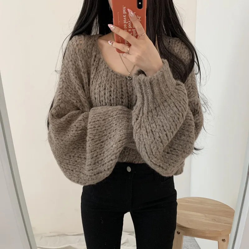 PLAMTEE 2022 New Autumn Women Sweater O Neck Lantern Sleeve Loose Casual Basic All-Match Minimalist Women Hot Pullover