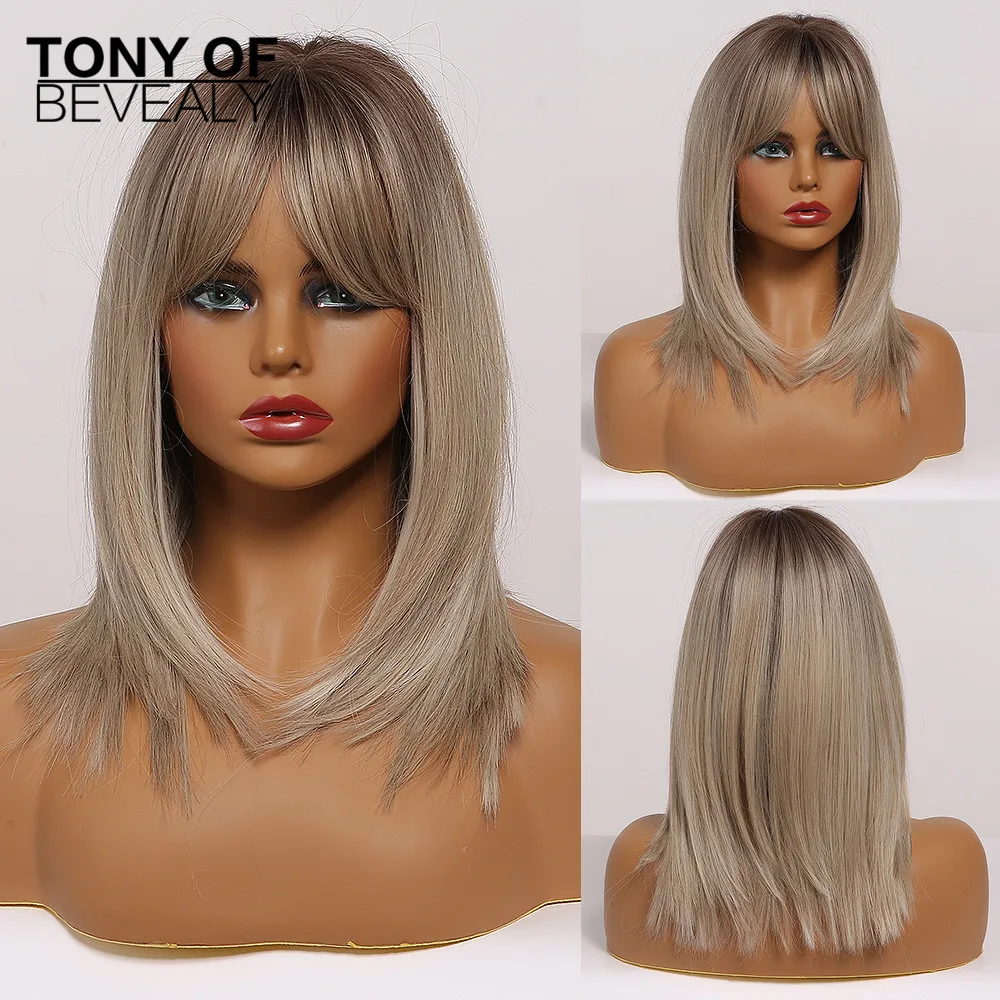 Medium Length Ombre Brown to Blonde Straight Hair Wigs with Bangs Synthetic Wigs for Women Cosplay Heat Resistant Natural Wigs