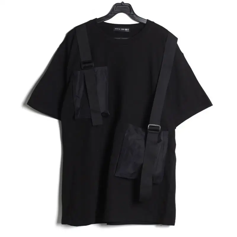 Men's Short Sleeve T Shirt Summer New Pocket Strap Decoration Fashion Fashion Men's Leisure Loose Large Size Half Sleeve