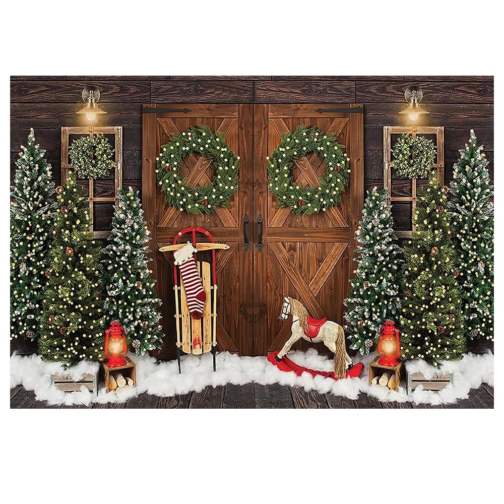 Mocsicka Wood Door Christmas Backdrop Snow Newborn Photography for Photo Studio Christmas Tree Garland Child Kid Photocall Props