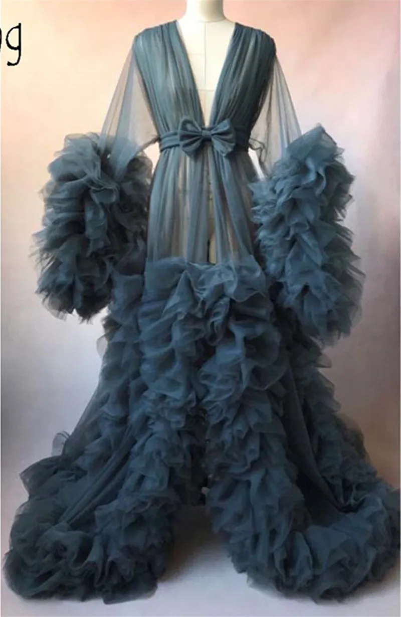 Robe de bal longue en Tulle, effet d'illusion, Chic, à volants, manches longues bouffantes, Kimono, robes de fête pour femmes enceintes, Photo