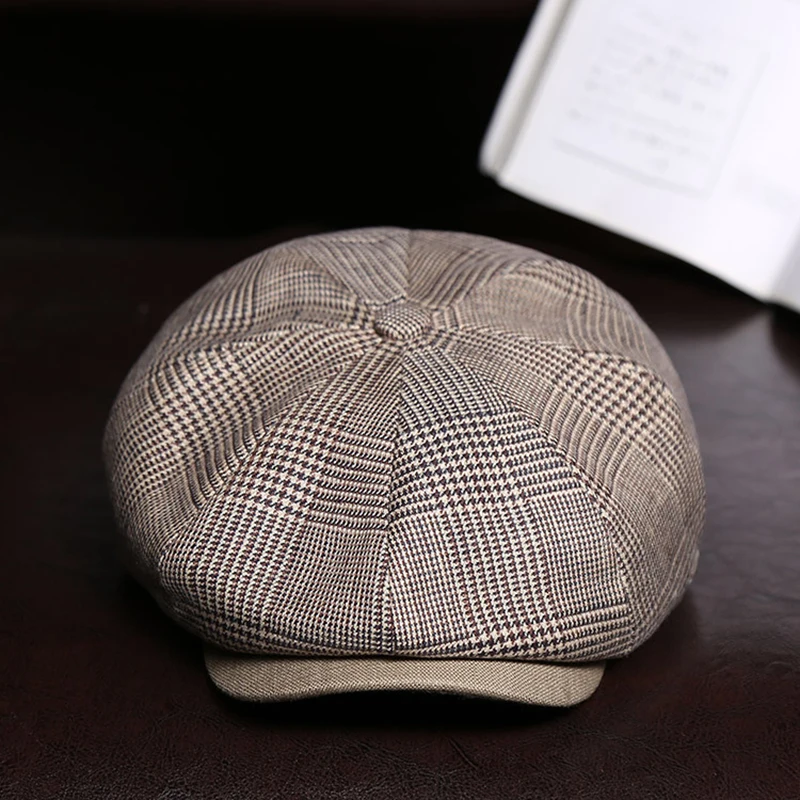 Pure Linen Plaid Newsboy Hat Men Women Gatsby Cap Retro Light Blue Beret Hat Spring Autumn Winter British Painters Hat BLM390