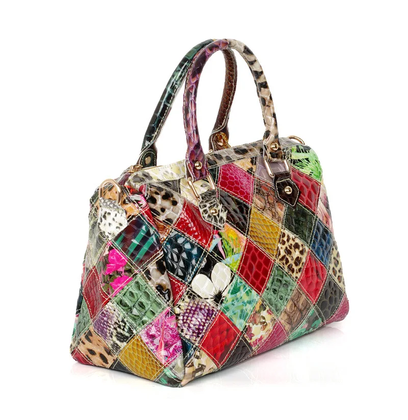 Quality Leather Women cowhide Snake Pattern Color Spliced Handbag Colorful plaid Random stitching Ladies Shoulder Tote bag 277