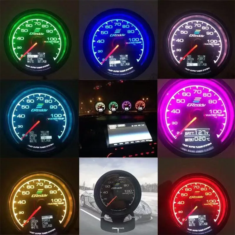 GReddi Boost Gauge Water Temp 7 Colors LCD Display Turbo Oil Pressure RPM Tachometer Racing Meter 62mm 2.5 Inch With Sensor