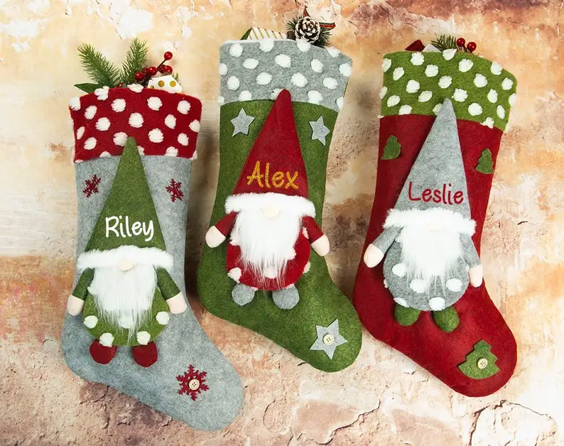 Custom Kerst Kousen Familie Kousen Naam Kous Gnome Kousen Set Kerstcadeau Gepersonaliseerde Gnomes Elf Kous