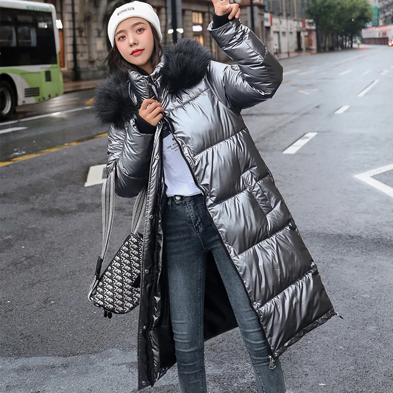 Plus size women X-long jacket ladies parkas solid casual coat hooded fur collar shining Nice winter thick outwear kobieta kurtka