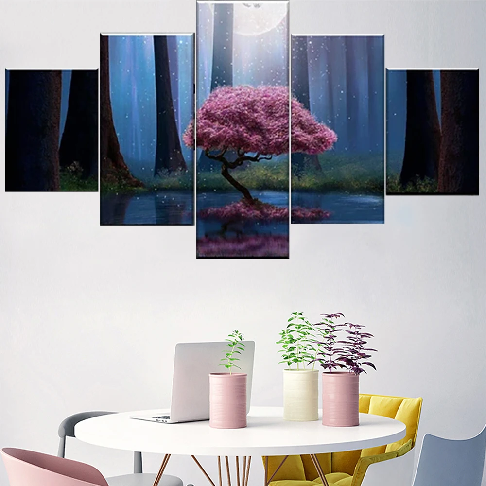 

5 Pieces Wall Art Canvas Painting Pink Moonlight Flower Poster Forest Home Decoration Pictures Modern Living Room Frame Modular