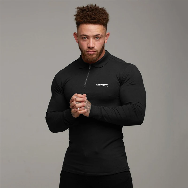 Fashion Long Sleeve Zipper Mens Polo Shirts Lapel Neck Polo Shirt Men Slim Fit Tops Tee Bodybuilding Men's Polos Gym Clothing