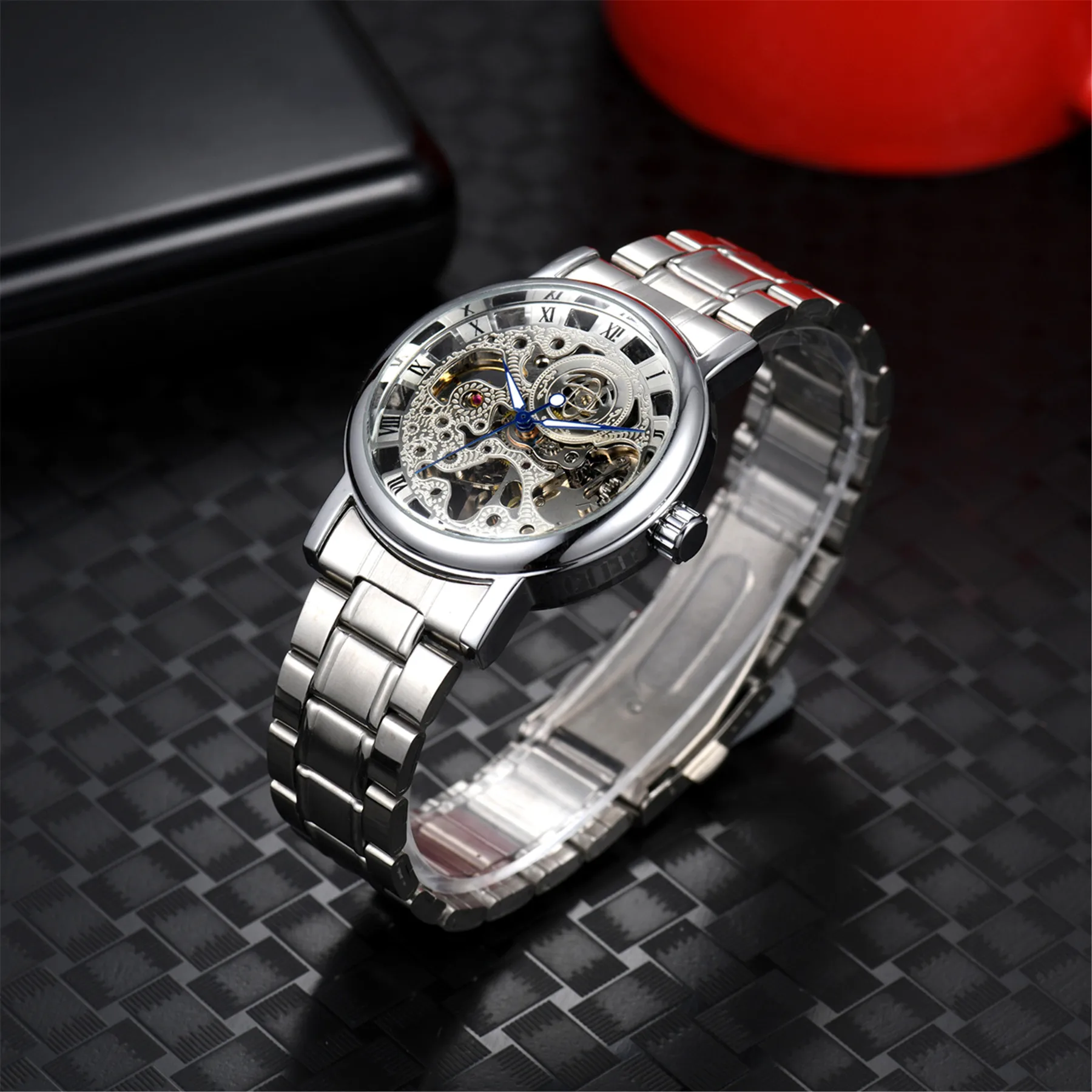 Lancardo Fashion Watch Men Business Bar Scale Stainless Steel Mechanical Wrist Watch Luminous Gear Movement Masculino Relogio