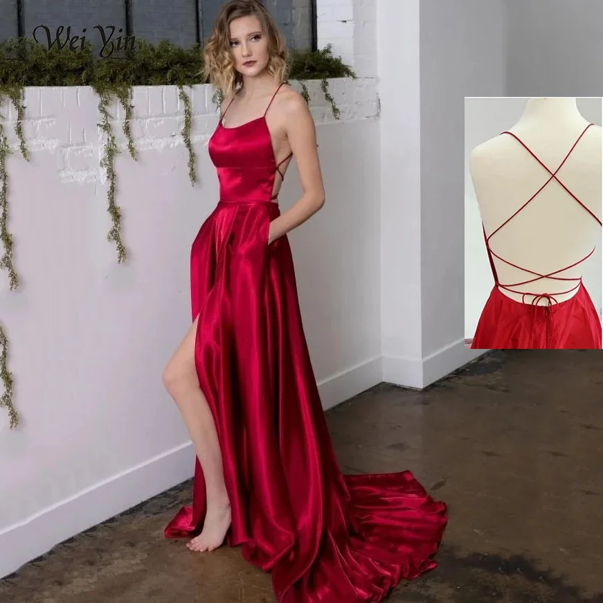 Weiyin AE0626 Sexy Slit Satin Geel Avondjurken Lange Een Lijn Cris-Cross Terug Prom Jurken Formele Party Gown robe De Soiree