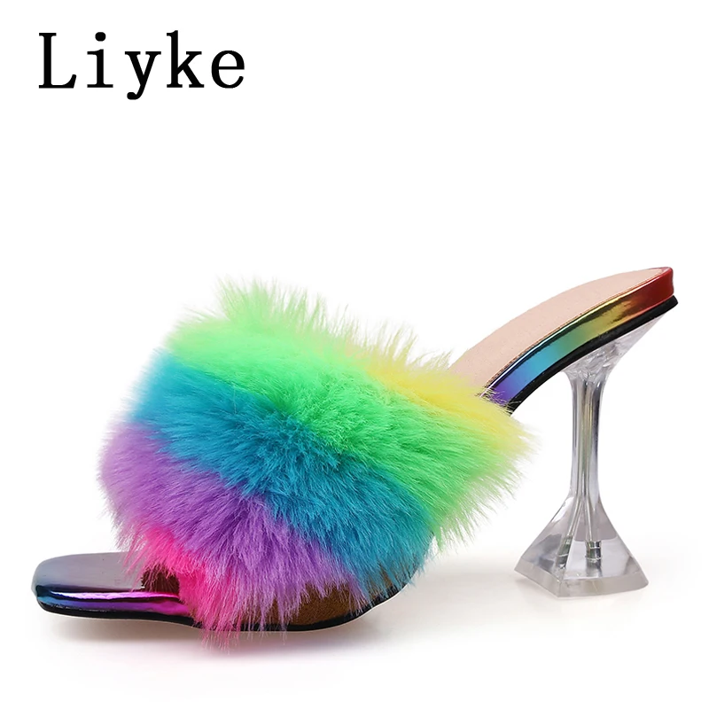 Liyke 9CM Transparent High Heels Fur Slippers Women Feather Sandals Peep Toe Mules Lady Pumps Slides Party Shoes Pink