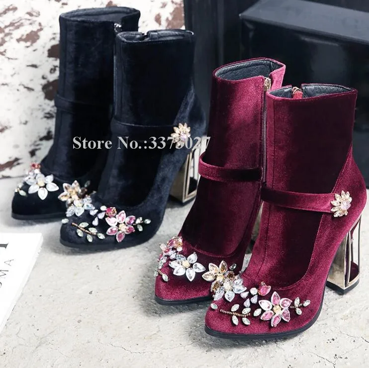 

Women New Velvet Crystal Chunky Heel Short Boots Sexy Strange Style Heel Rhinestone Ankle Boots Lady Wine Red Black Booties