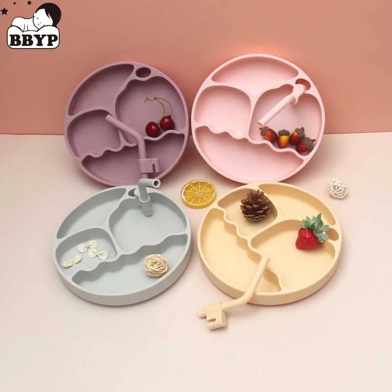 

Baby Safe Silicone Dining Appliance Plate For Food Solid Cute Dishes Sucker Toddle Training Tableware Kids Feeding Bowl Straw