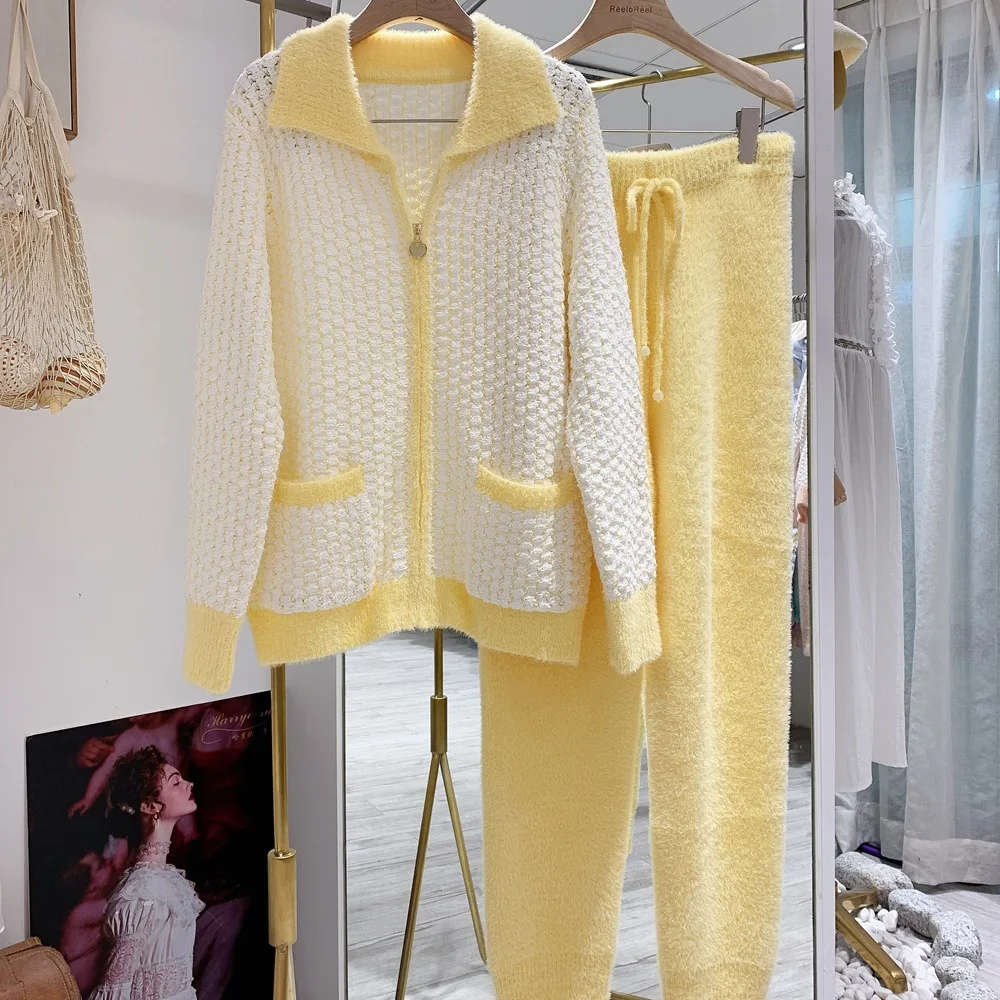 Pajamas suit ladies geometric plaid casual home wear autumn and winter warm long-sleeved pajamas pajamas zipper square collar