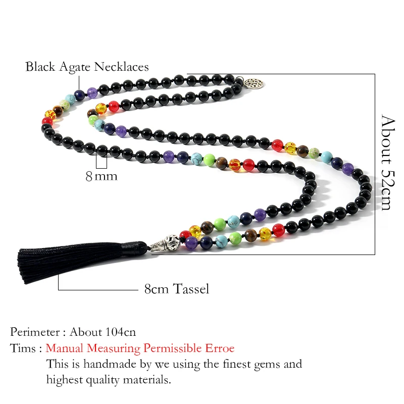 108 Japa Mala 7 Chakra Natural Stone Beaded Knotted Necklace Yoga Blessing Meditation Jewelry with Tree of Life Tassel Pendant