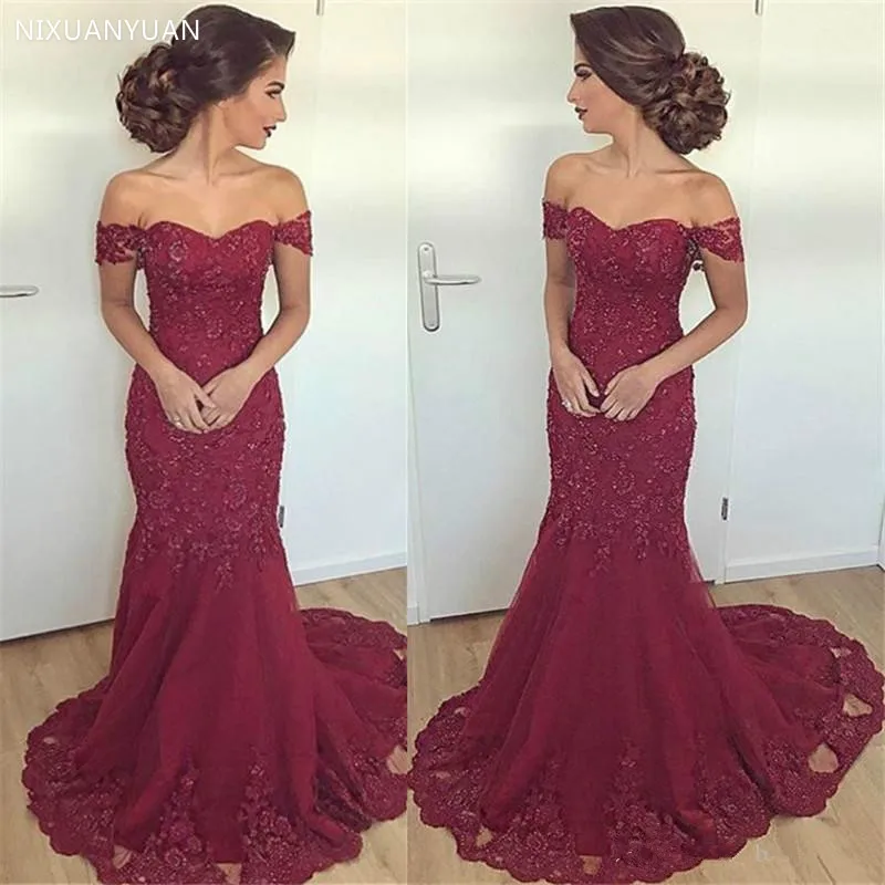 

Burgundy Muslim Evening Dresses 2023 Mermaid Off The Shoulder Tulle Lace Bead Islamic Dubai Saudi Arabic Long Evening Gown Prom