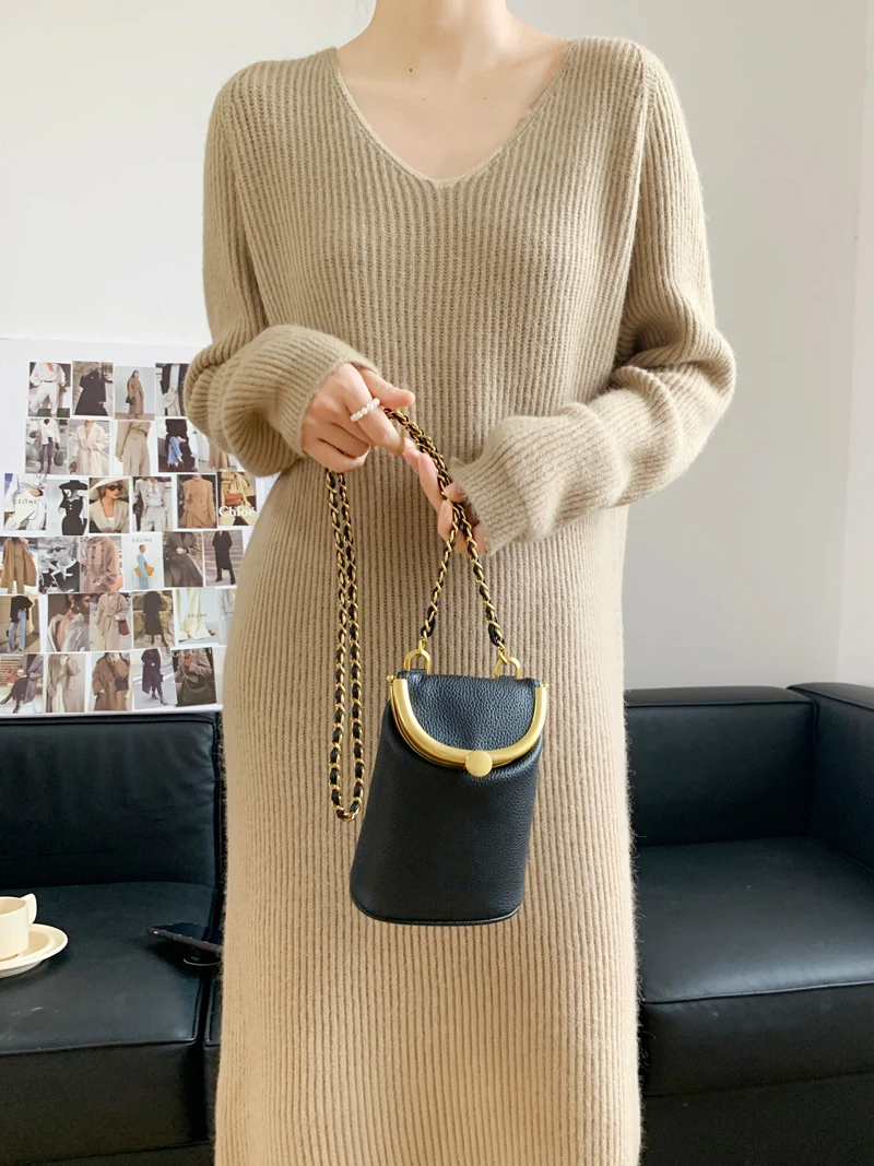 LMQ NEW Fall Winter Women Long Sleeve Warm Baggy V-Neck Long Knit Dress Straight Maxi Elegant Loose Pullover Sweater Dress