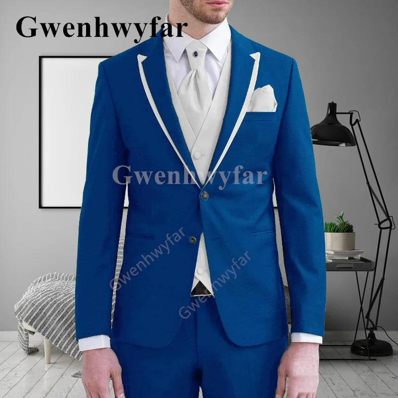 

Gwenhwyfar New Trend Style Men's Splicin Peak Lapels Suit Jacket Fashion Wedding Bridegroom Party Royal Blue 3-piece Tuxedo