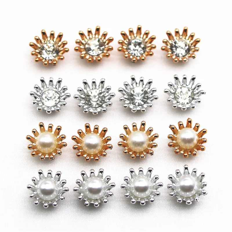 50pcs 15mm Golden/Silver Rhinestone/Pearl Flower Plastic Flatback Button Decoration Craft Scrapbook Accessories