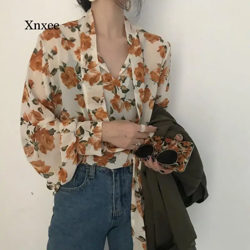 Blouses Women Retro Floral Chic Chiffon Spring Fall Fashion Korean Ladies Blusas Mujer Lace-Up Design Soft Female Shirts Top Ins