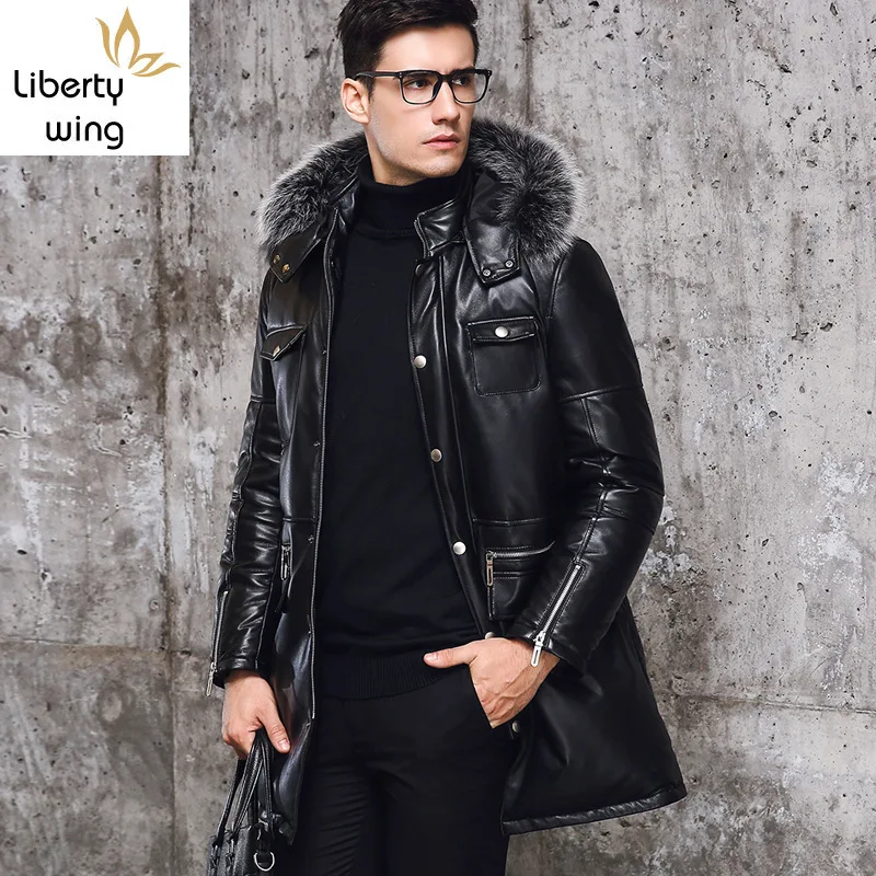 

Winter New Zipper Pockets Mens Slim Fit Long Coats Male Hooded Sheepskin Genuine Leather Warm Overcoats Fur Collar Large Size