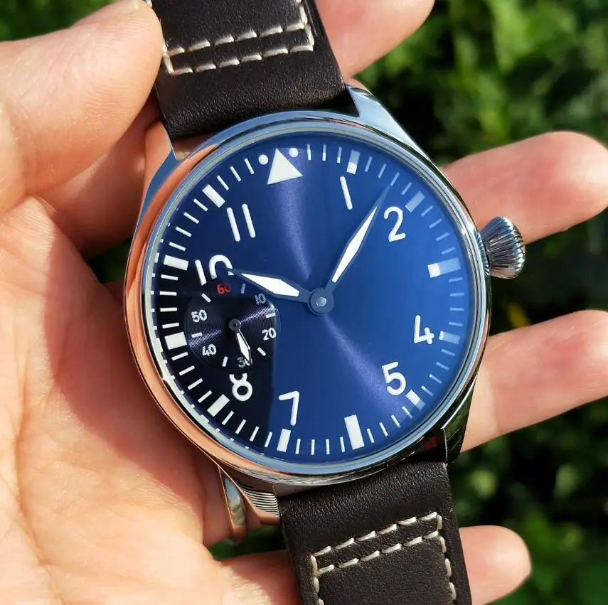 44mm Pilot not have logo Mechanical Hand Wind Men\'s Watch blue dial Mineral Glass/Sapphire Seagull st3600-2 movement G039