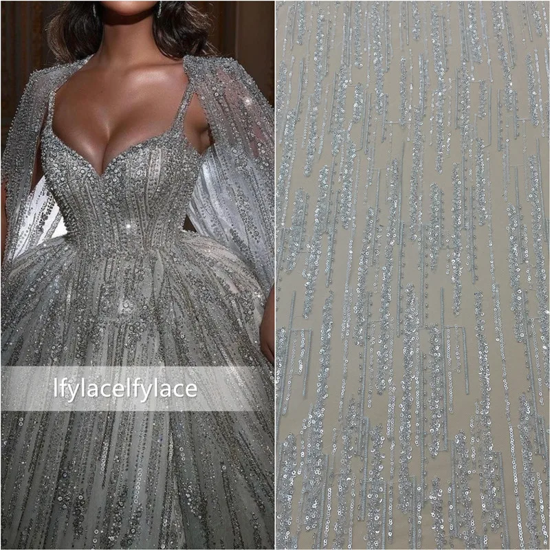 Latest Gorgeous Sliver Rich Beads Desginer Lace Fabric Unique Luxury Embroidery Party Gown Dress Lace Fabic 1 Yard