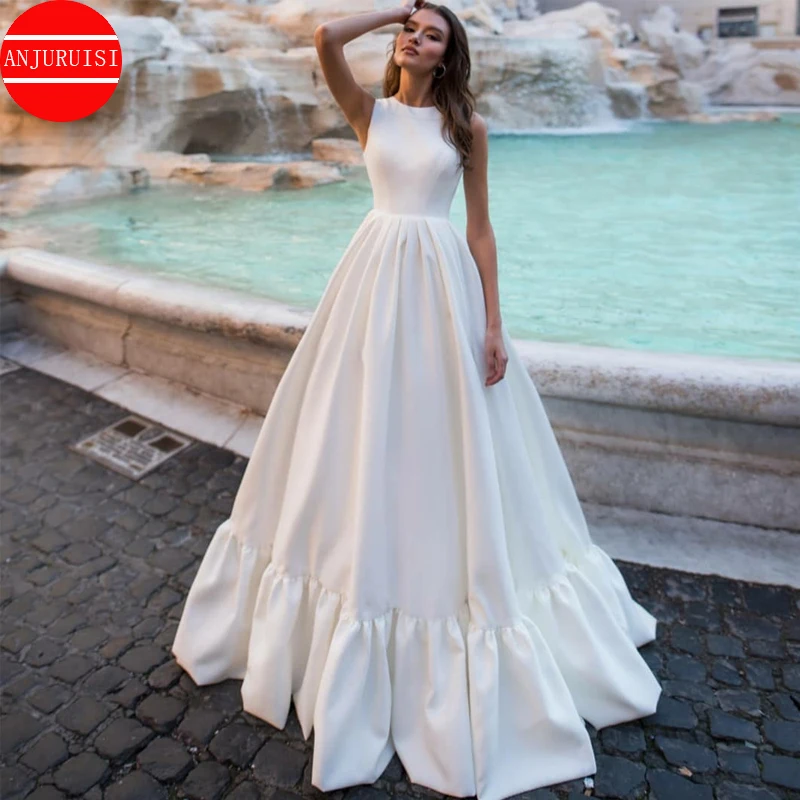 

O Neck Simple Wedding Dress Matte Satin A Line Vestido De Novia 2022 Ruched Bride Gown Robe Mariage Boda Trouwjurk