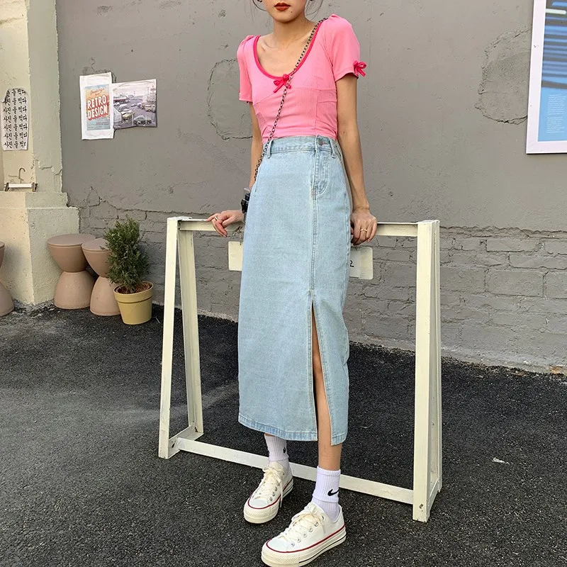 GUUZYUVIZ High Waist Skirt Casual Denim Blue Long Skirts For Women Korean Jean Skirts For Ladies Harajuku