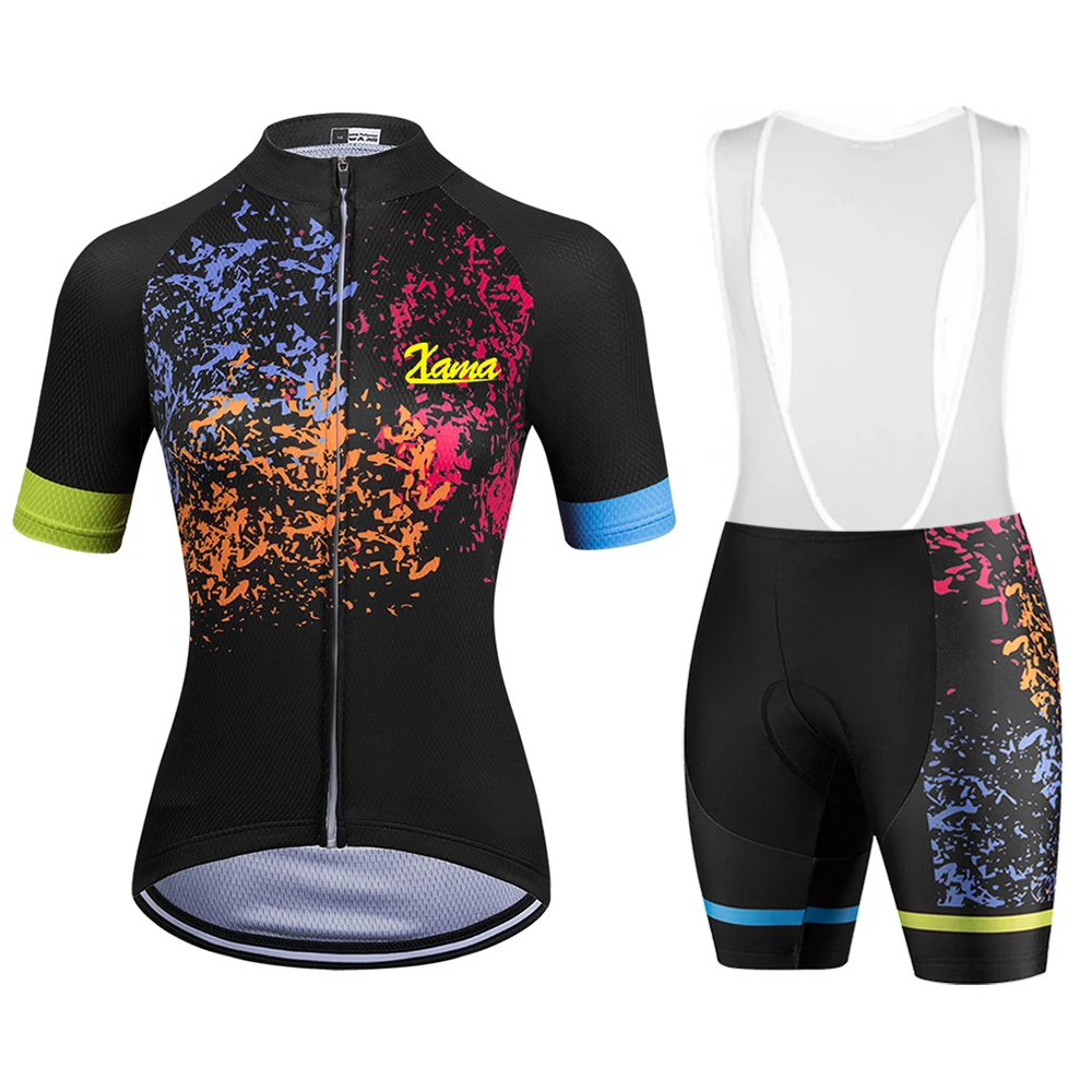 XAMA Pro Team Bib Sets Women's Black Cycling Jersey Two Piece Bicycle Short Sleeve Macaquinho Ciclismo Feminino Gel Pad Summer