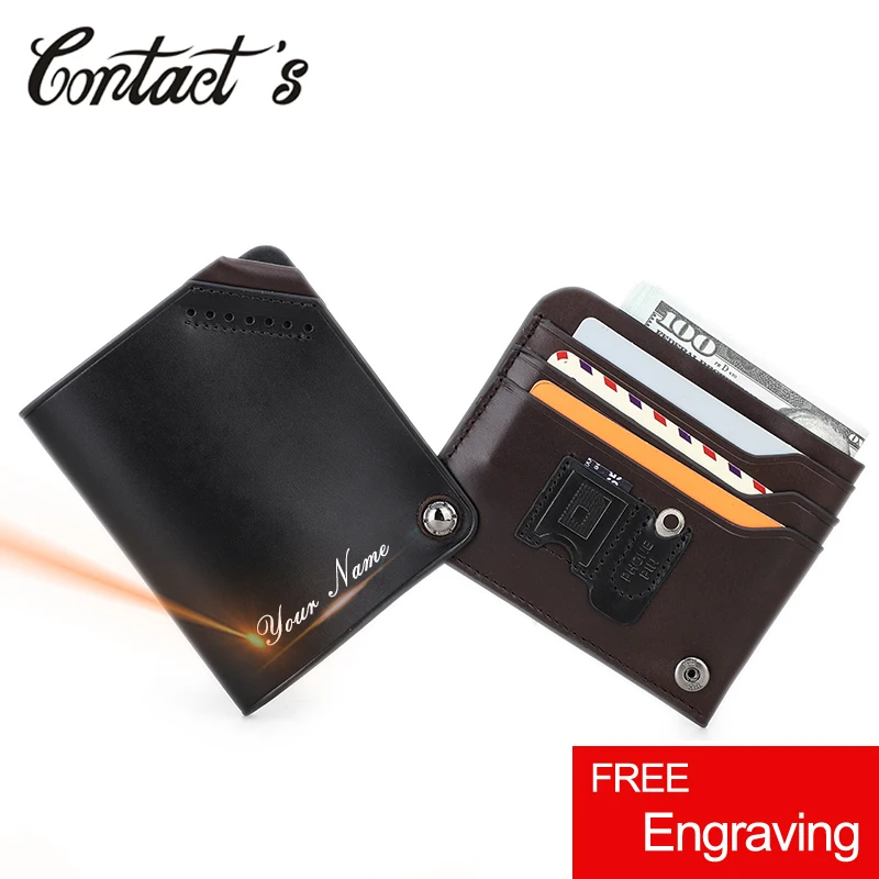 

Contact's Name Engrave Genuine Leather Wallet Men Slim Card Holder Wallets Quality Coin Purse for Male ID Credit Card Case Black