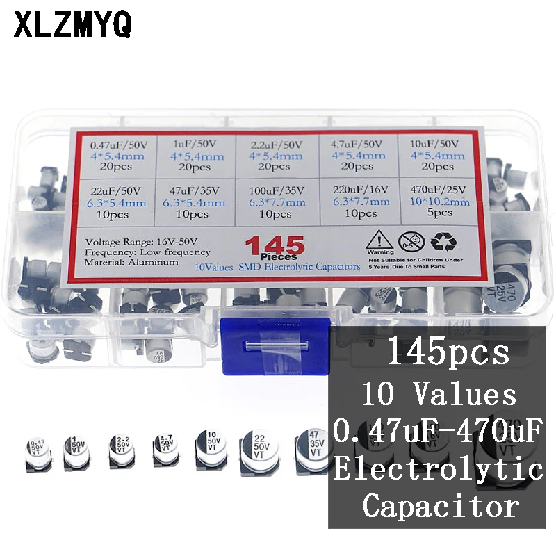 

145Pcs SMD Aluminum Electrolytic Capacitor Assortment Kit 16V 25V 35V 50V 1uF 2.2uF 10uF 220uF 470uF Electrolytic Capacitors