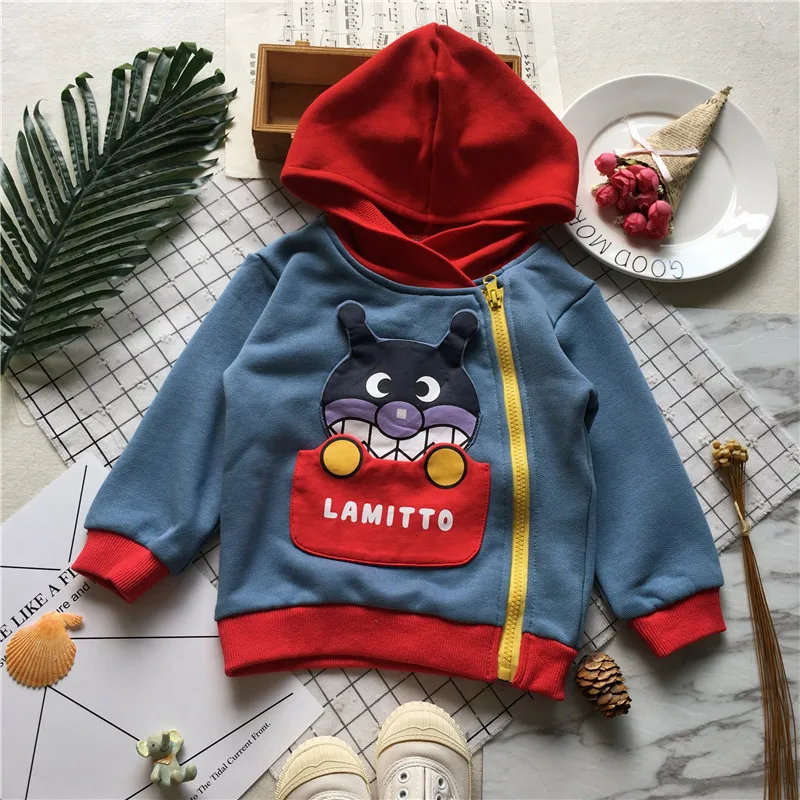 

Tonytaobaby Fall and Winter Clothes New Style Baby Cartoon Pocket Flipping Oblique Zipper Hoodie