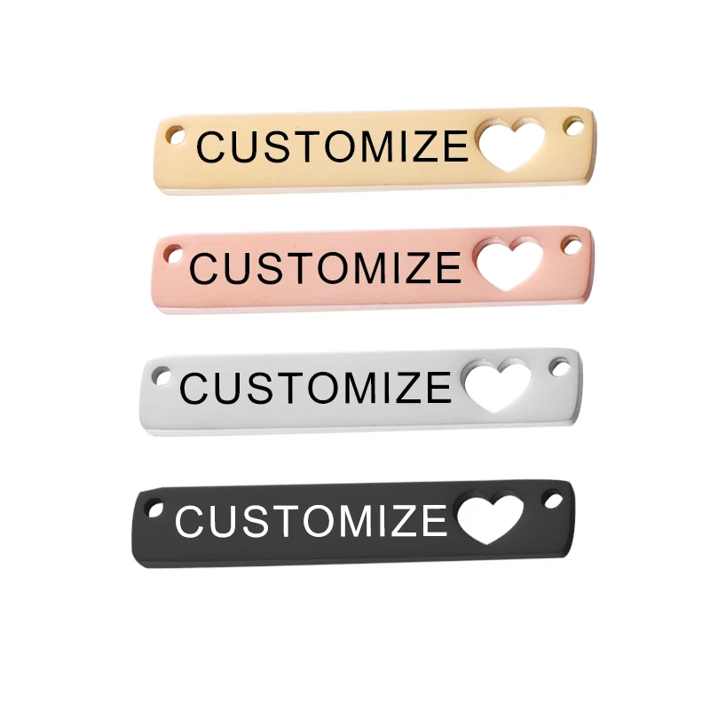 Laser Custom Name Logo Phone Number Namebar Charms Stainless Steel Hollow Heart Pendants For Making Necklace Bracelets Jewelry